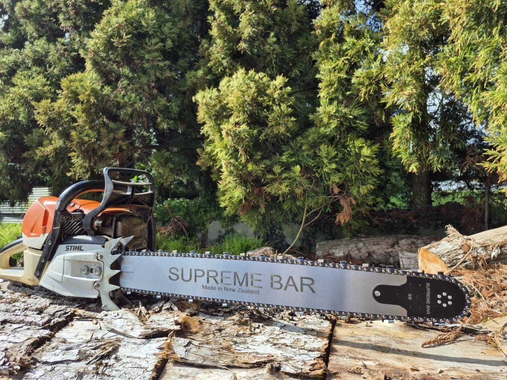 supreme pro bar pictured out in the field - fitted to a stihl chainsaw